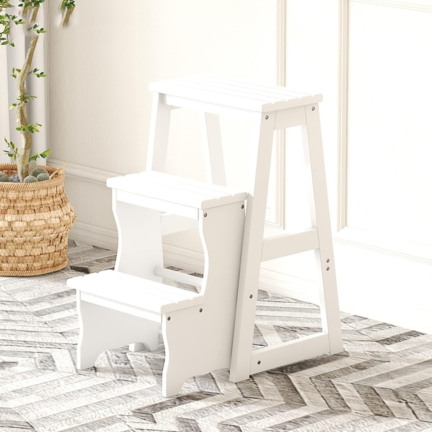 Wooden Stool 3 Steps Stool Wooden Ladder Chair，Folding Household Stair Chair Portable Ladder Stool Stepladder Bookshelf |Plant Stand |Dinner Chairs,White