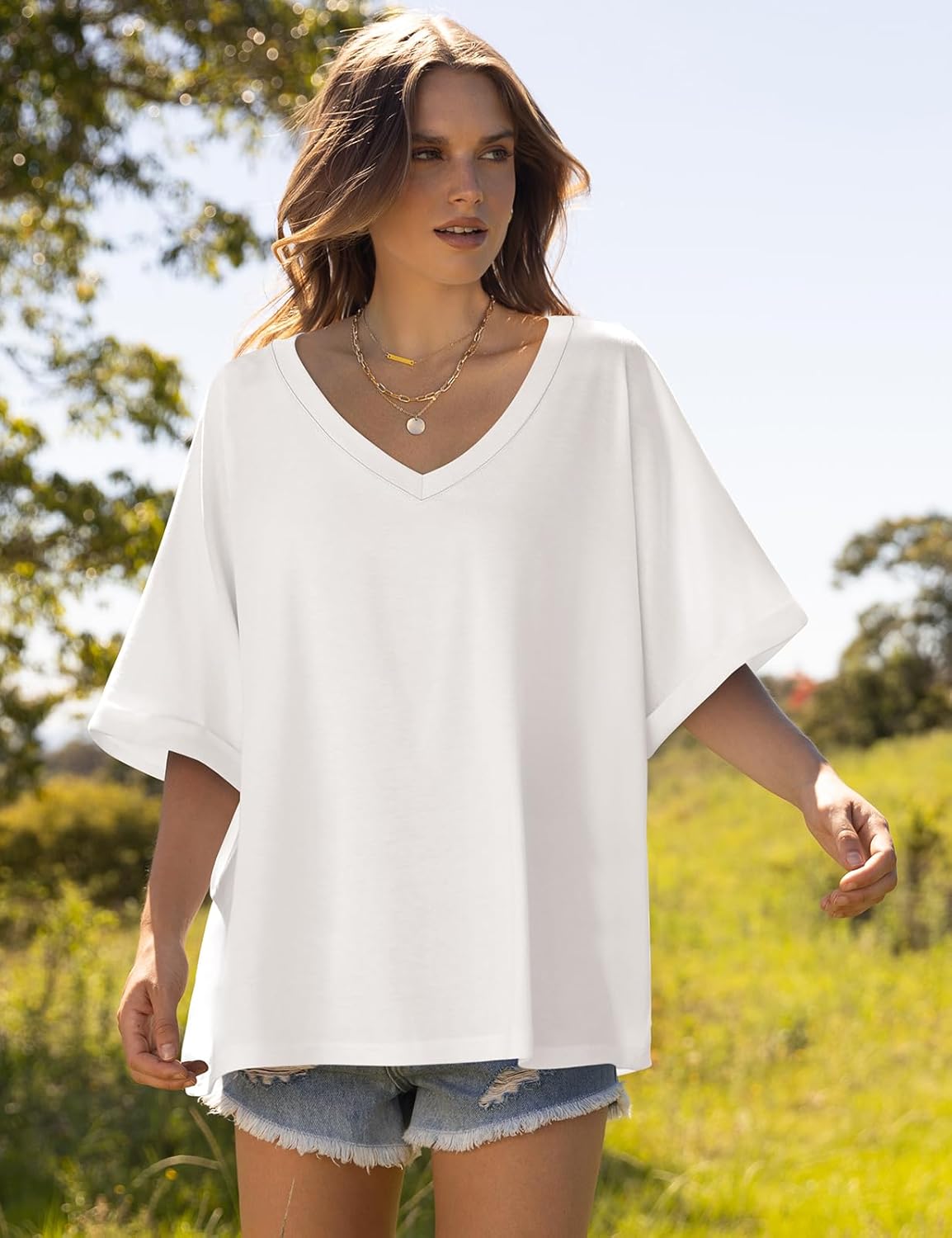 UEU Womens Oversized T-Shirts Summer V Neck Casual Shirts Short Sleeve Workout Tunic Tops - Image 3