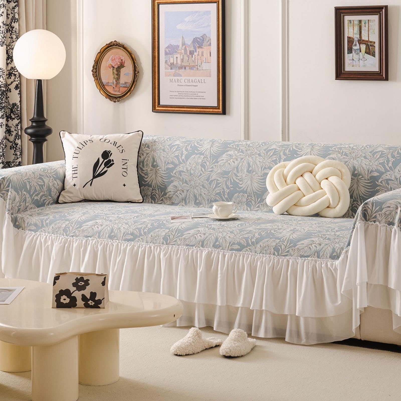 Housse de canapé chenille d'angle en L lavable bleue 180x340 cm