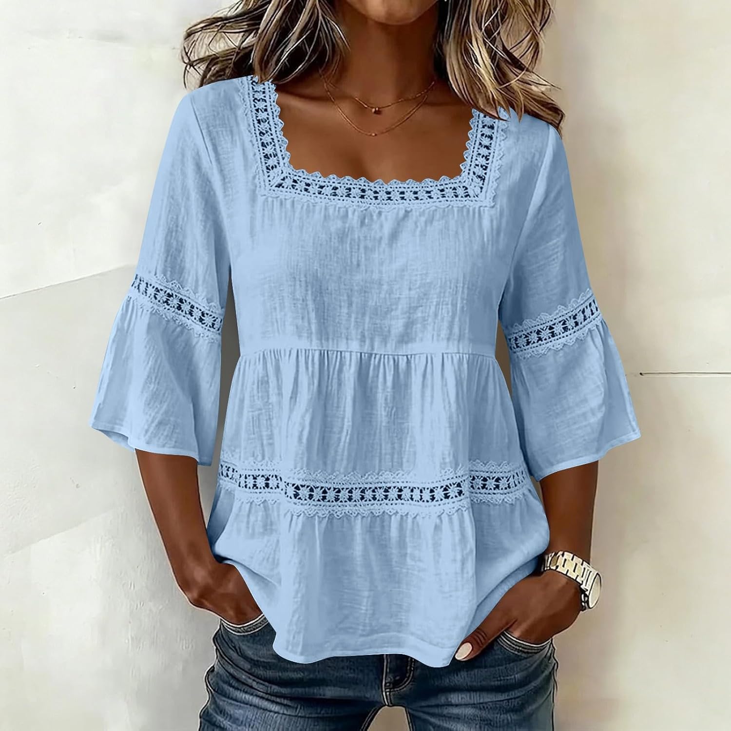 Womens Summer Tops Square Neck 3/4 Sleeve Shirts Casual Cotton Linen Blouses Flowy Lace Hem Boho Trendy Clothing
