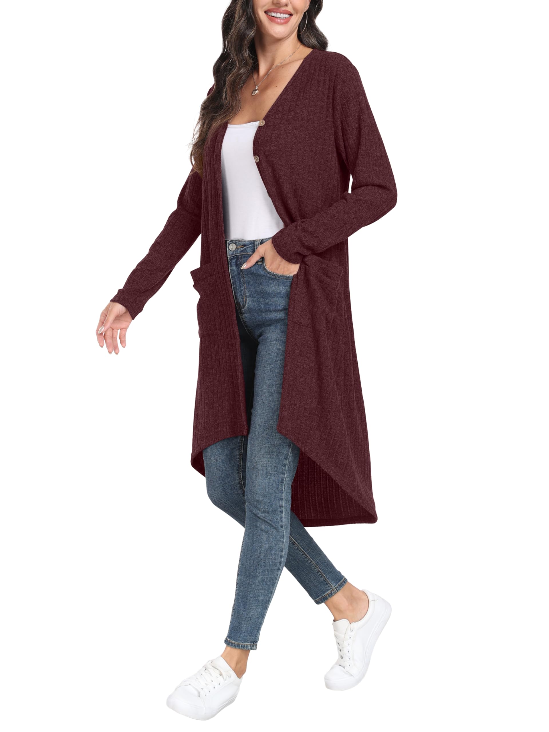 GRECERELLE Cardigan Femme Long Cardigan Élégant Fin Côté Manches Longues avec Boutons et Poches