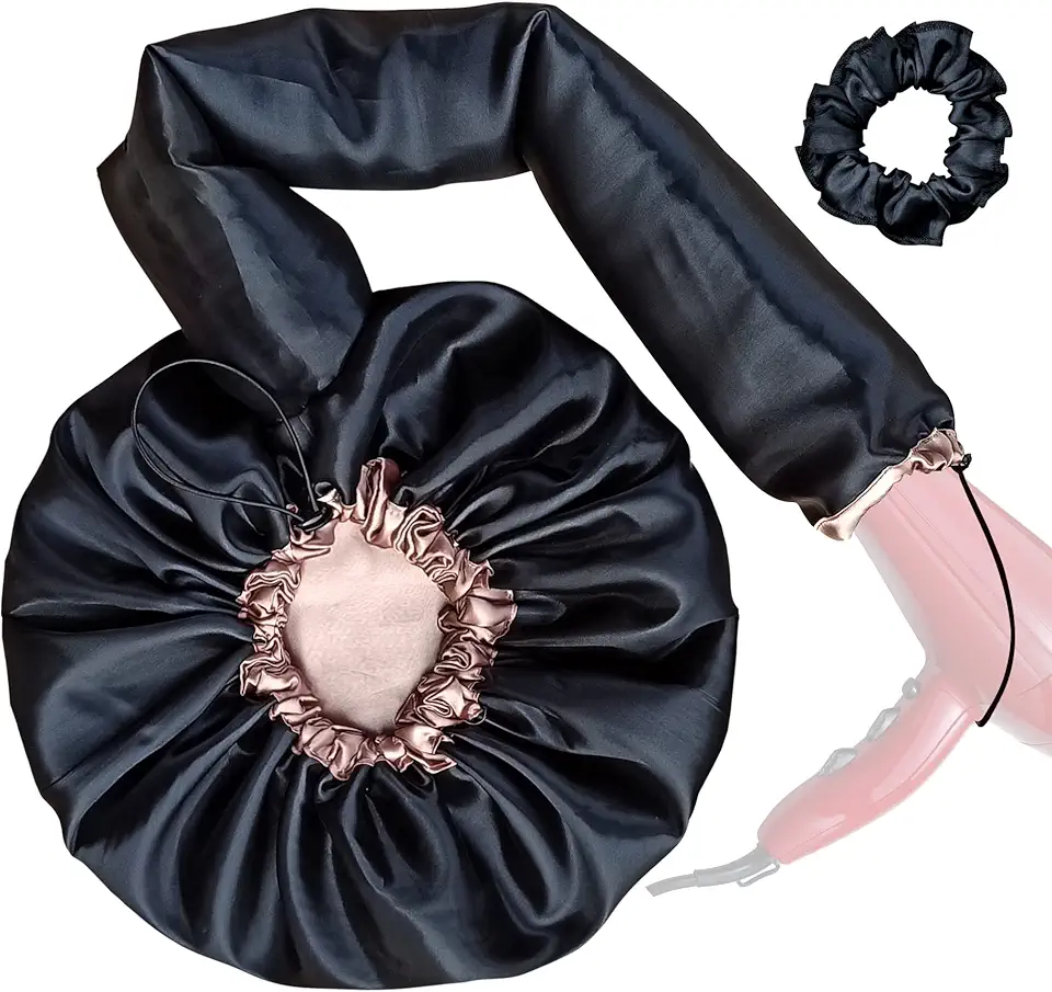 Touca Difusora Cetim Dupla Face Secadora Anti-frizz Seda (Preto/Champagne)