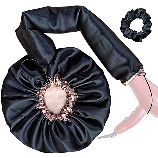 Touca Difusora Cetim Dupla Face Secadora Anti-frizz Seda (Preto/Champagne)