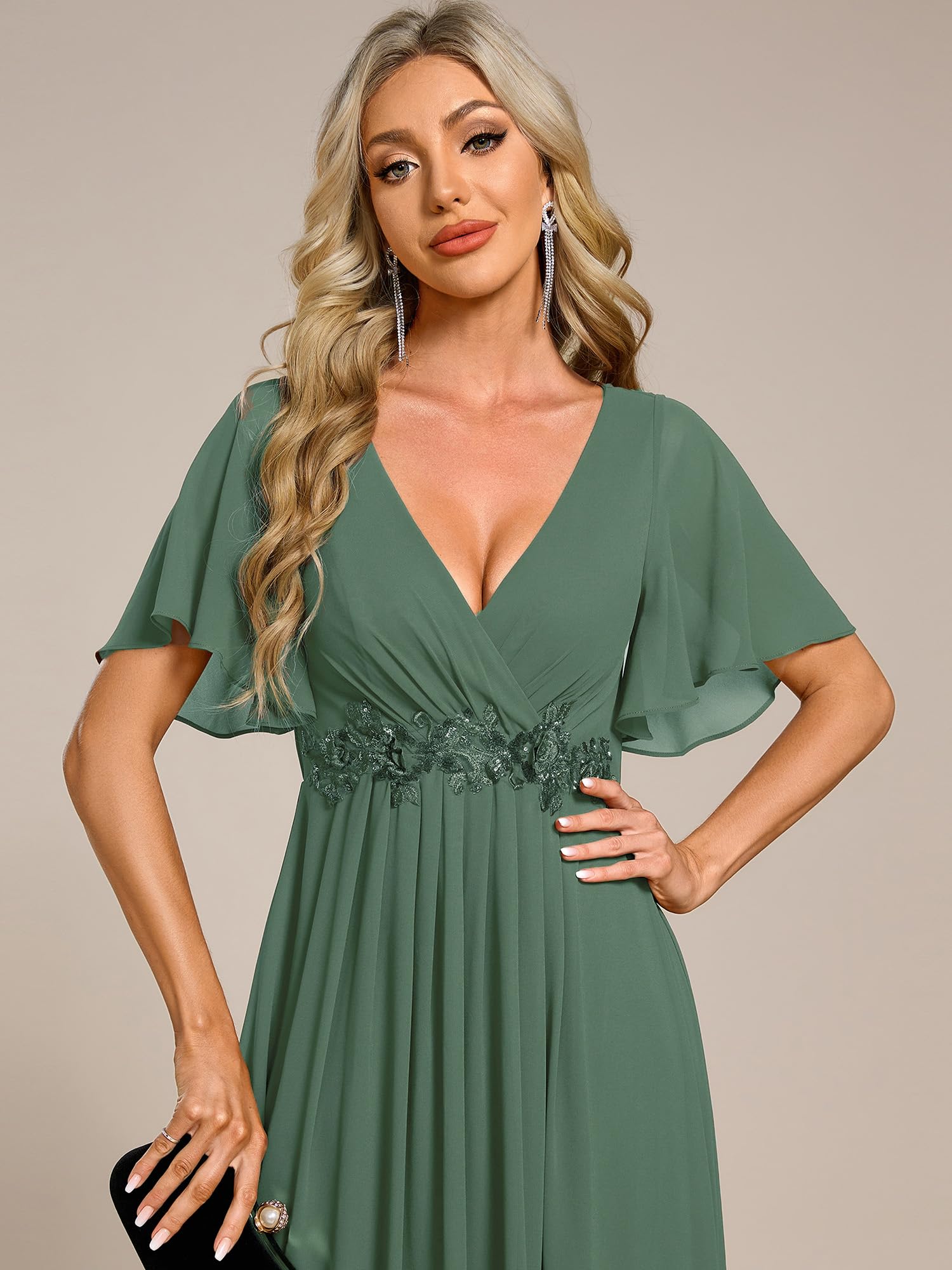 Ever-Pretty Robe de T Moin de Mariage Longue Appliqu Col V Manches Courtes Chic EE01960