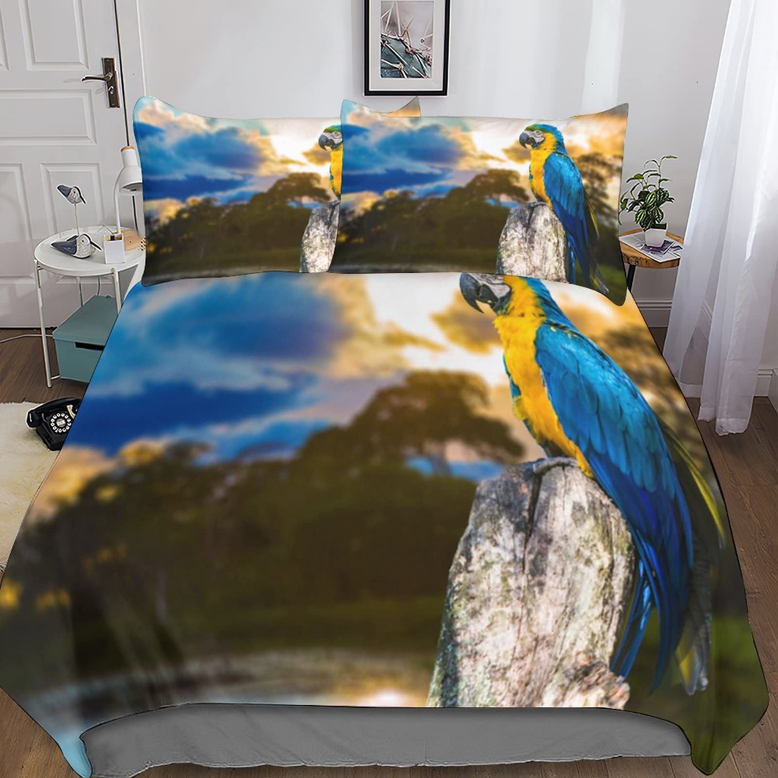 Housse de couette perroquet animal sauvage 3D parure de lit double 200x200 microfibre avec fermeture