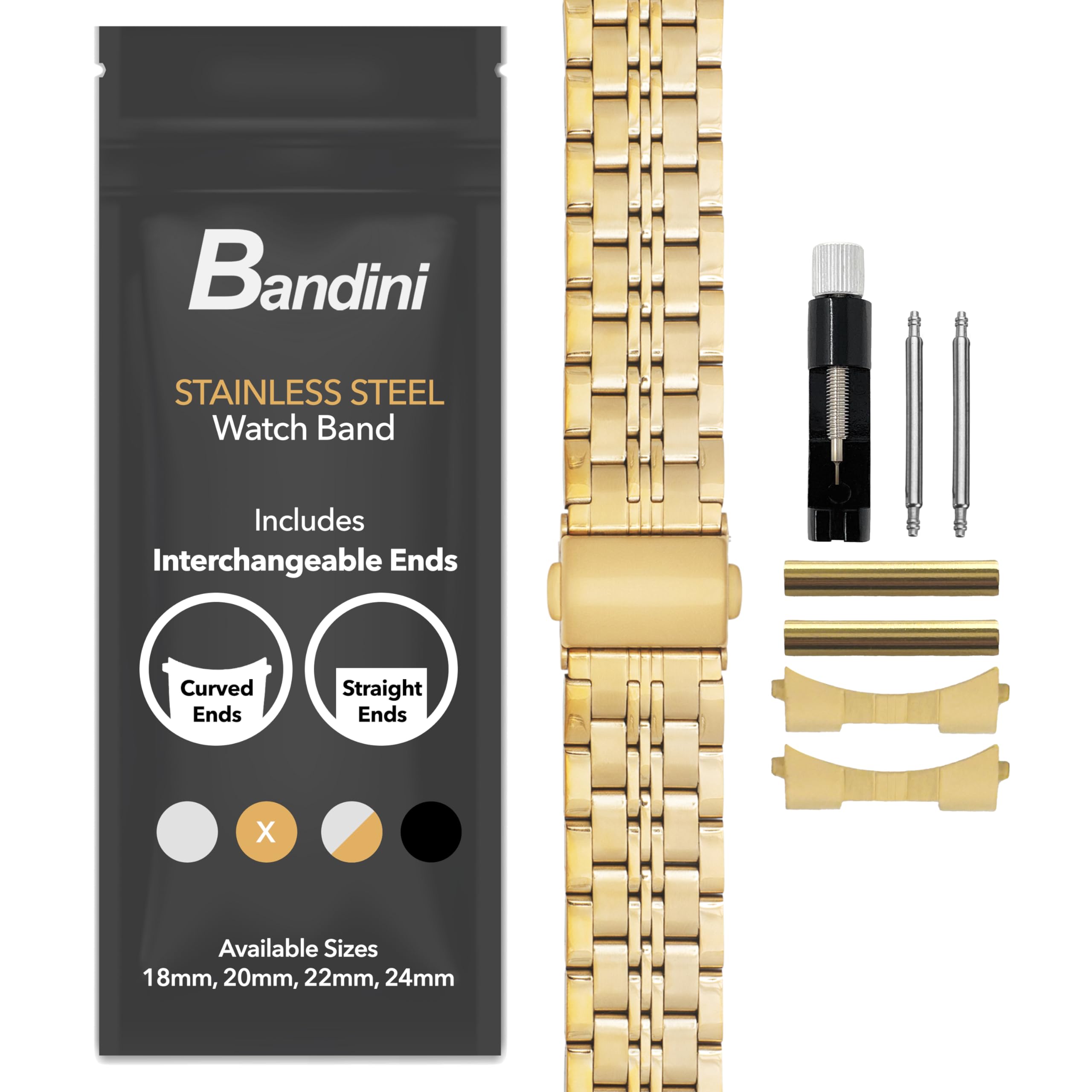 Bandini 20mm Stainless Steel Fitted Curved End Metal Watch Band for Men, Tapered Watch Strap Bracelet, Push Button Deployment Clasp, Jubilee Style - Gold 20 mm Watch Band