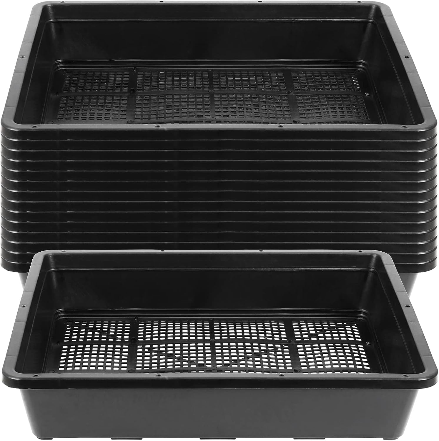 SINJEUN 15 Pack Black Plastic Mesh Bottom Seed Starter Trays - 14.6 x 11.8 Inch Garden Plant Germination Propagator Trays for Microgreens