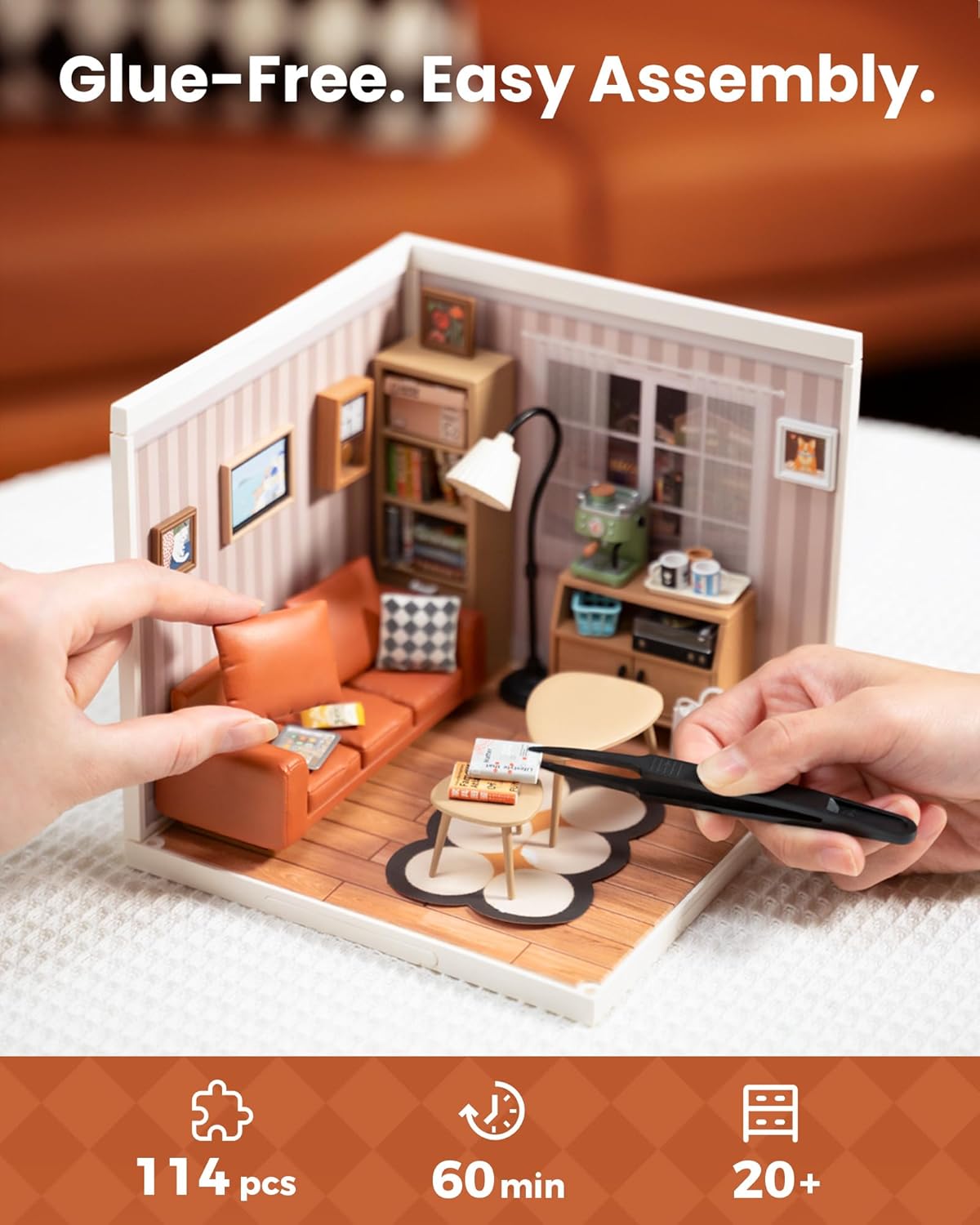 Rolife DIY Miniature Plastic House Building Set Toys Playset with LED Suitable for Mini Figures Construction Toys Diorama Kit Gifts for Adults (Cozy Living Lounge)