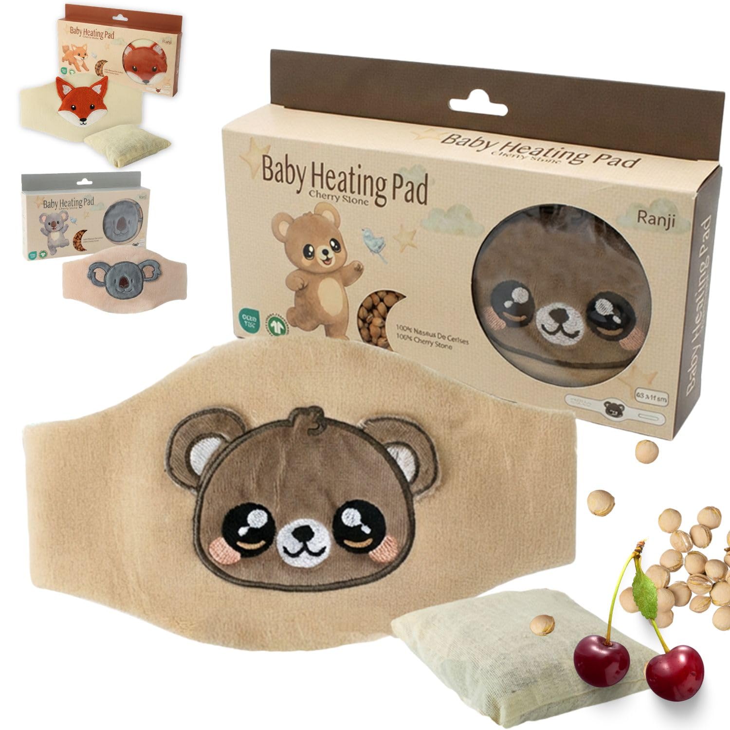 RANJI Baby Kirschkernkissen – Wärmegürtel gegen Koliken für Neugeborene, OEKO-TEX & Bio-Baumwolle GOTS, mikrowellengeeignet (Kleiner Bär)
