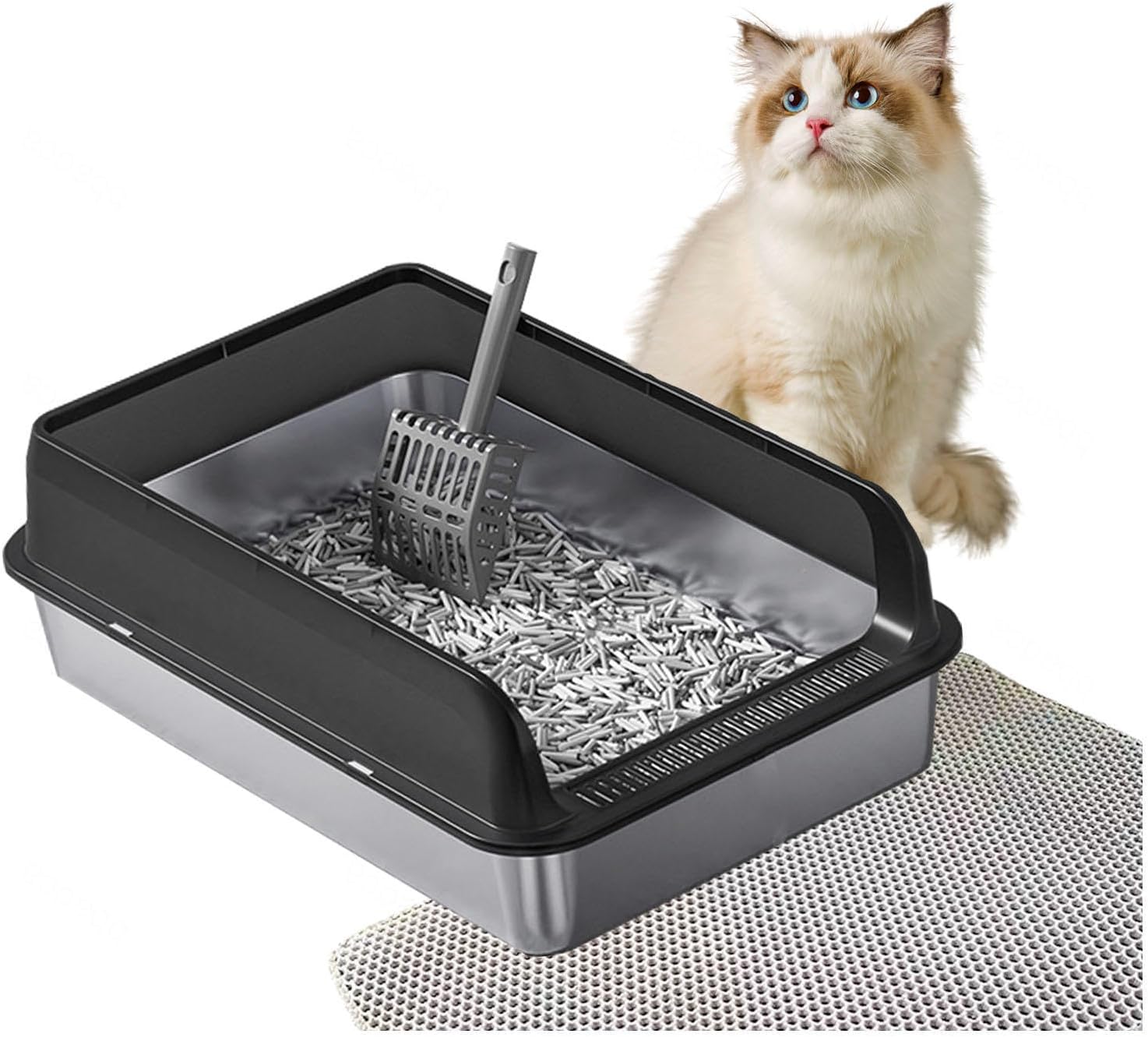 ステンレス製猫トイレ 猫用トイレパッドとスクープが付属しており