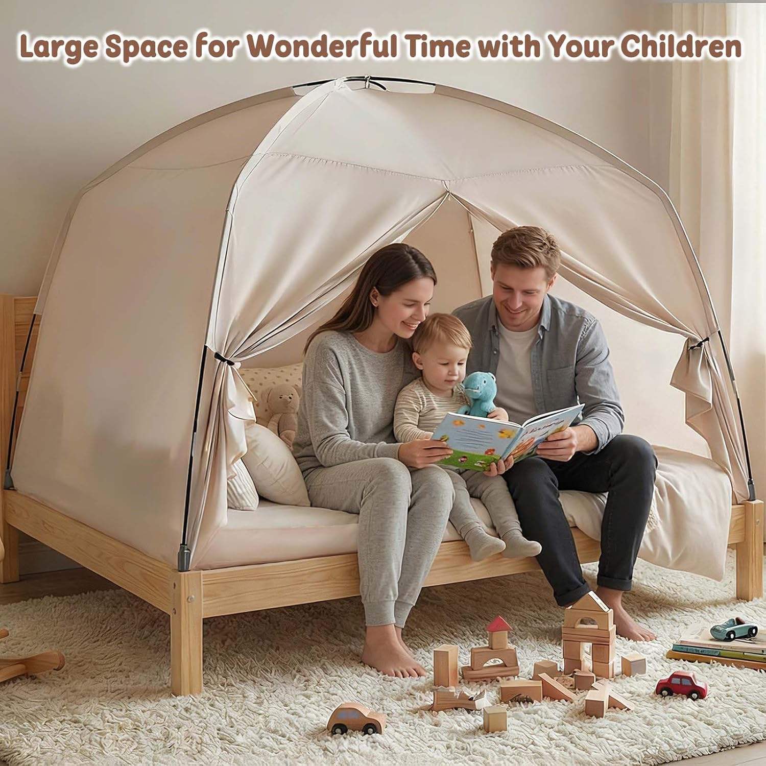 Twin Bed Tent for Kids, Indoor Play Tent with Star Lights, Cozy Privacy Space Birthday Gift for Boys & Girls (Cream)