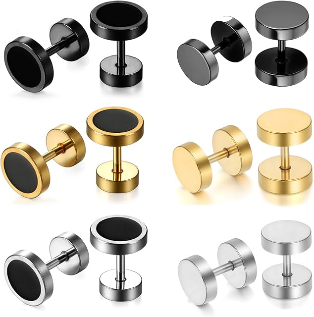 Cupimatch Cool 10mm Mens Stainless Steel Stud Earrings Women Piercing Ear Plug Tunnel Set of 4 Pairs