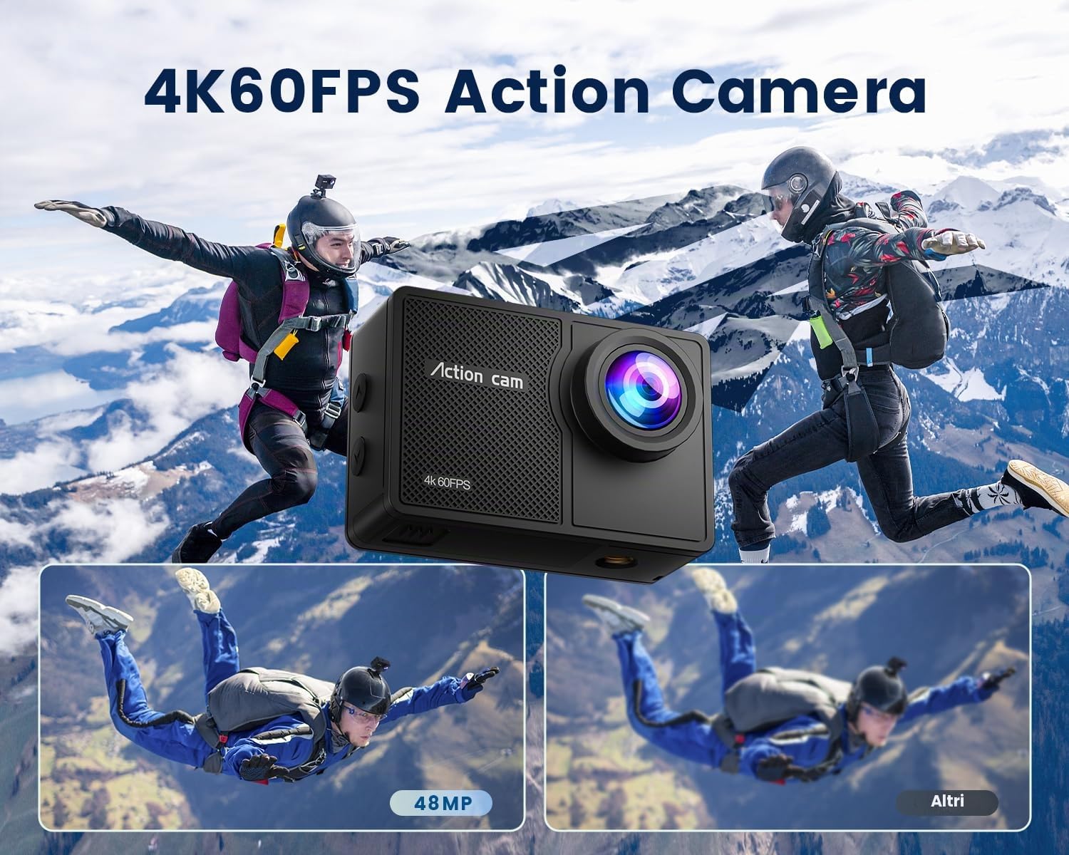 Action Cam 4K60FPS con Scheda Da 128GB, 131FT Fotocamera Subacquea con 8X Zoom,48MP HD WIFI Videocamera 170° Telecamera EIS,Telecomando 2x1350mAh Batterie