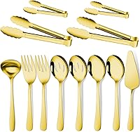 Gisly Gold 12-Piece Serving Utensils Set: Stainless Steel Spoons, Forks, Tongs, Ladle & Pie Server for Buffets, Parties & Catering