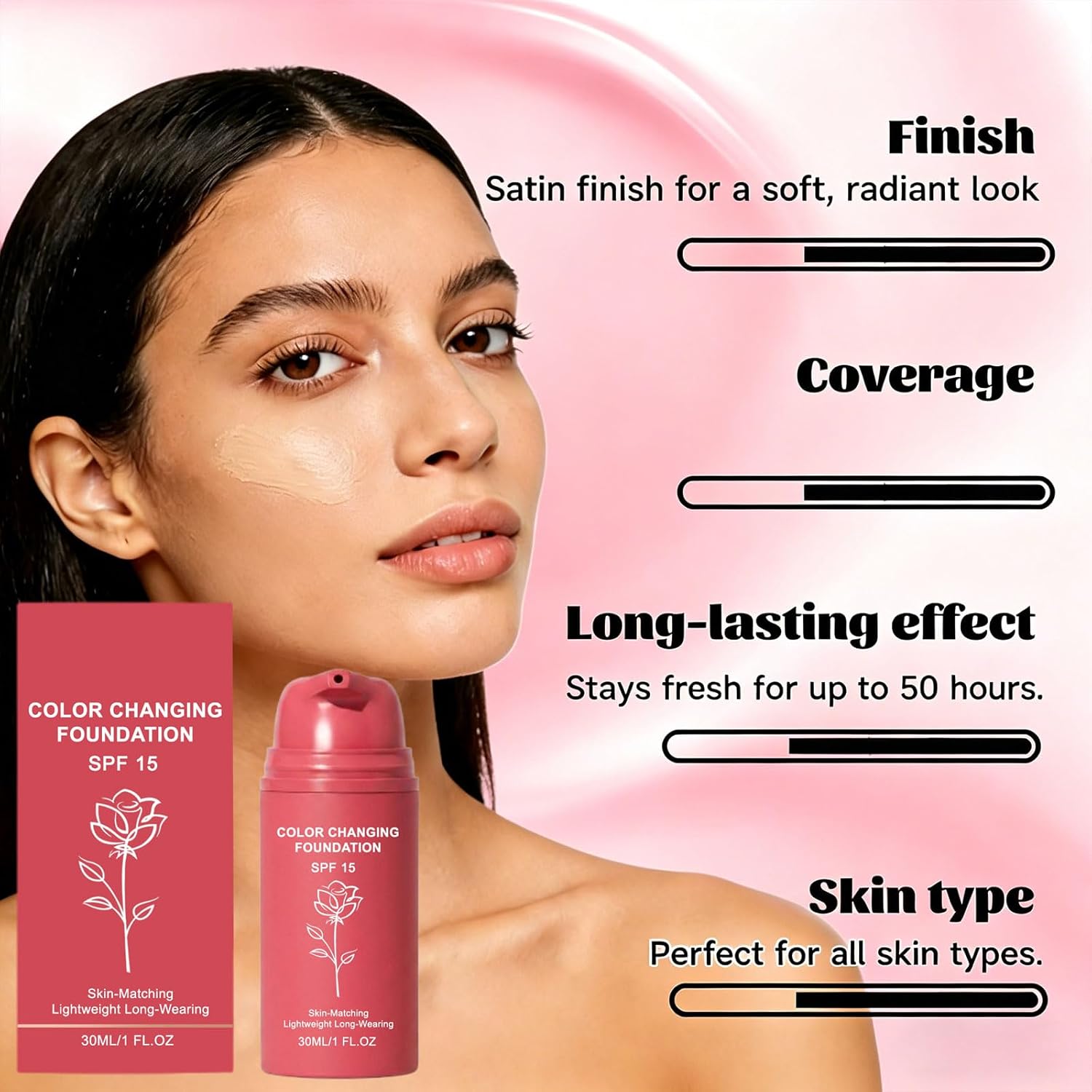 Korean Color Changing Foundation, Professional Skin Tone Adapting Liquid Foundation for Women, Self Adjusting Natural Finish, Blurs Imperfections & Fine Lines, SPF 15, All Skin Types (1 Bottle)