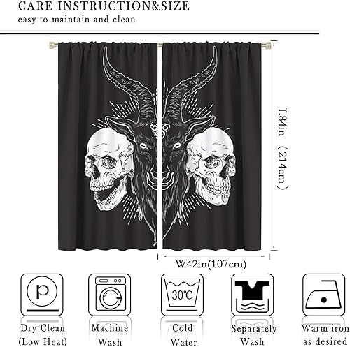 Vista 193 de Cortinas de cabeza de cabra, misteriosa cabeza de cabra malvada, calavera negra, bolsillo para barra, cortinas opacas para ventana, juego de 2