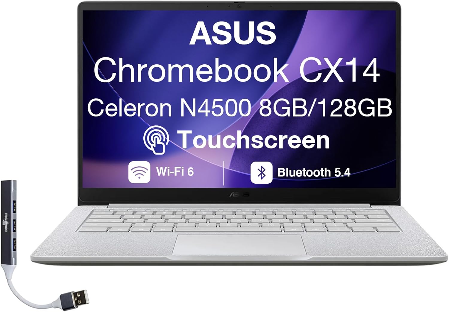 ASUS Chromebook CX14 14.0" FHD Touchscreen Display (Intel Celeron N4500, 8GB RAM, 128GB eMMC SSD, Wi-Fi 6, BT 5.4, HD Webcam, Dockztorm USB HUB, Chrome OS) - Ideal for Everyday Value Use (Renewed)