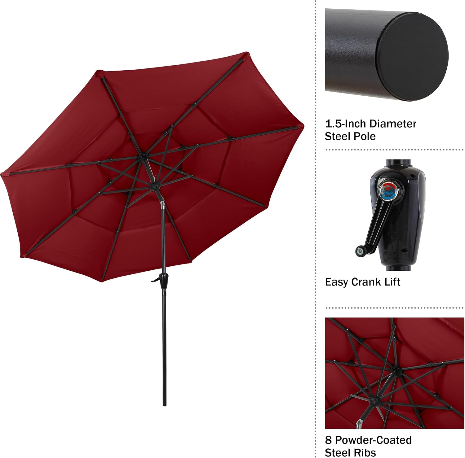Pure Garden 10FT 3 Tier Patio Umbrella - Auto Tilt, Easy Crank Outdoor Umbrella for Shade Canopy for Deck, Balcony, Porch, Backyard, or Pool (Maroon Red)