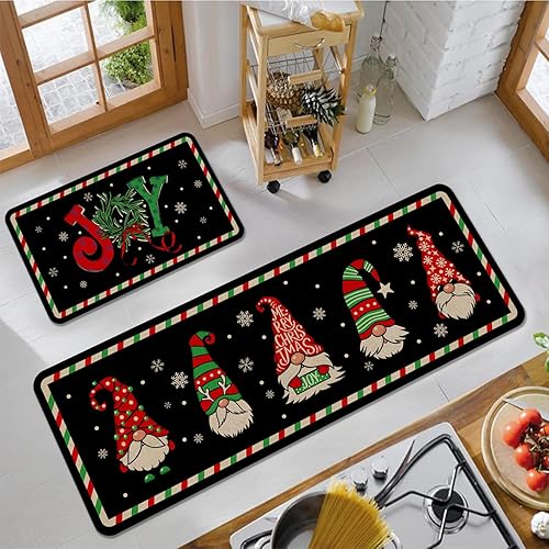 Miniatura 4 de Juego de 2 alfombras de cocina de Navidad, gnomos negros, tapete de cocina para el piso, Navidad, invierno, vacaciones, antideslizante, lavable,
