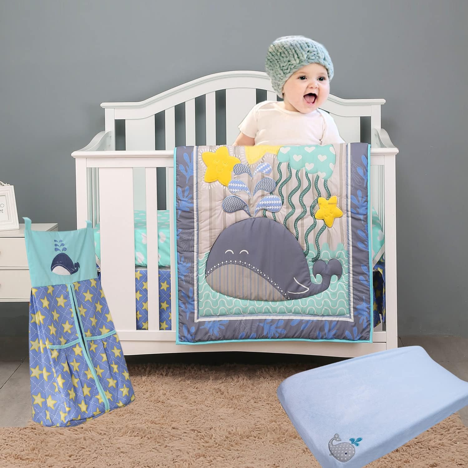 5 Pieces Ocean Nursery Crib Bedding Set for Boys - Real Embroidery Oceania Whale Jellyfish Star Fish Baby Boy Cot Bedding Set -Quilt/Sheet/Skirt/Diaper Hanger/Changing Pad Cover