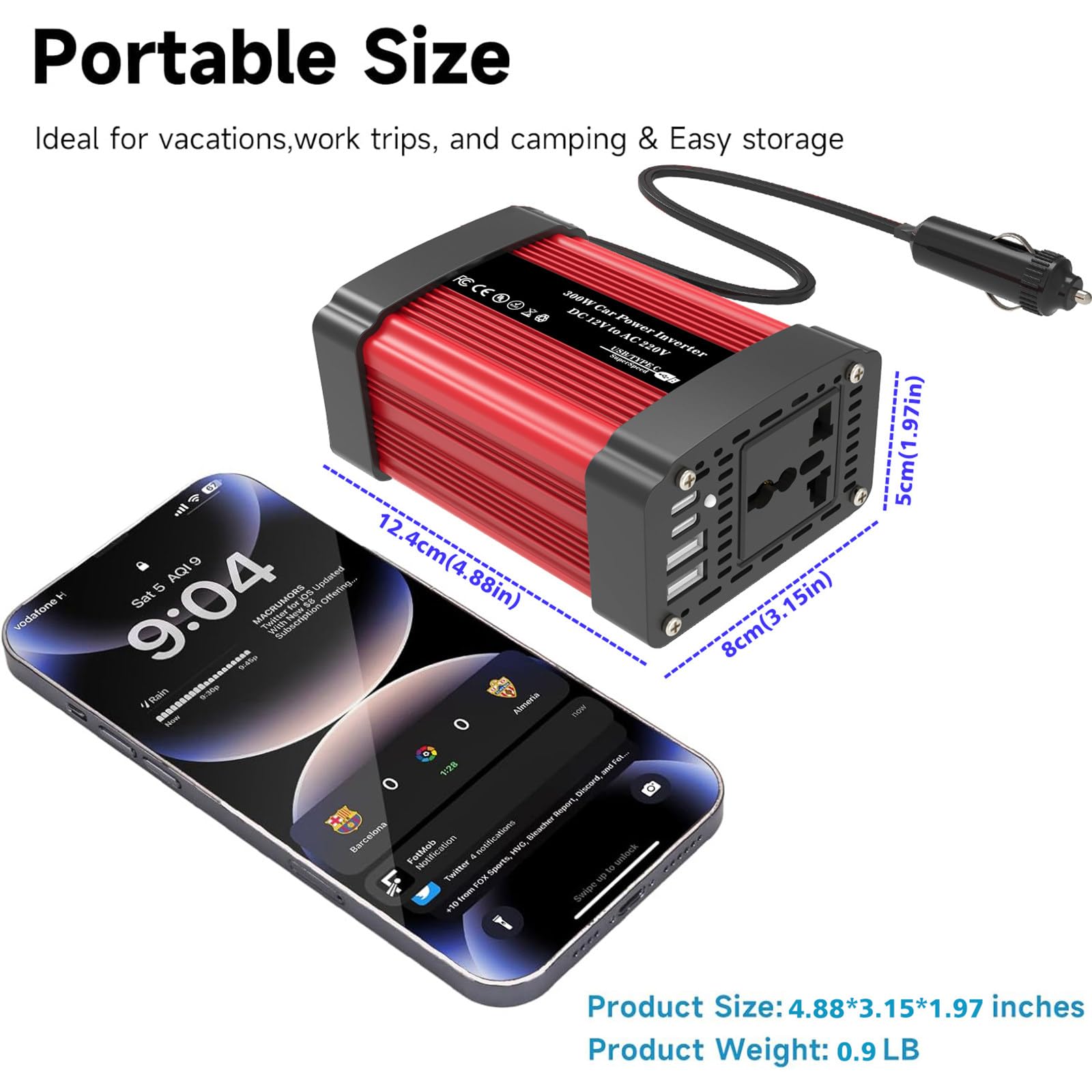 300W/600W 12V 220V Inverter Onda Pura con Doppia Porta USB Smart Type-C da 2,4 A per Camper Auto Convertitore di Potenza