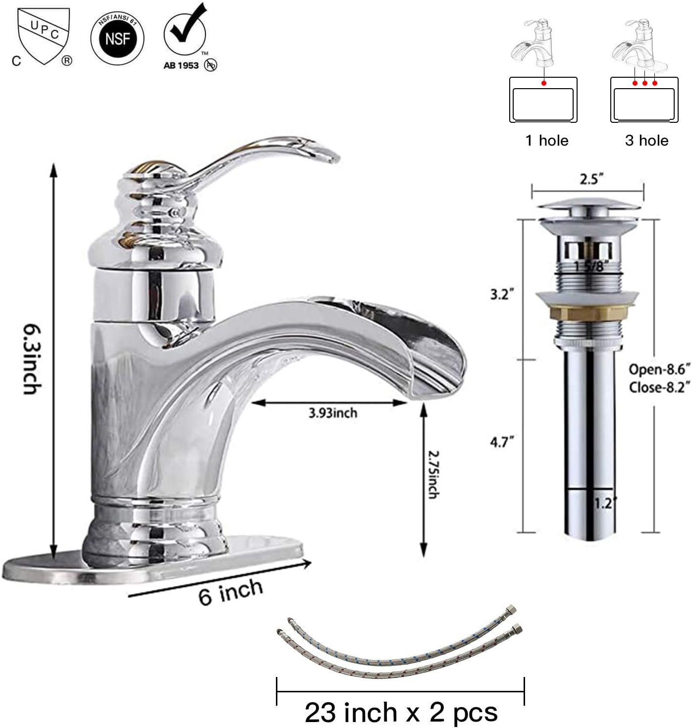❤ Crаzу Dеаlѕ Bathroom Faucet Chrome Single Hole Waterfall Basin Bath Tub with Pop Up Drain Stopper with Overflow Sink Vanity Lavatory One Handle Supply Line Lead-Free by Homevacious