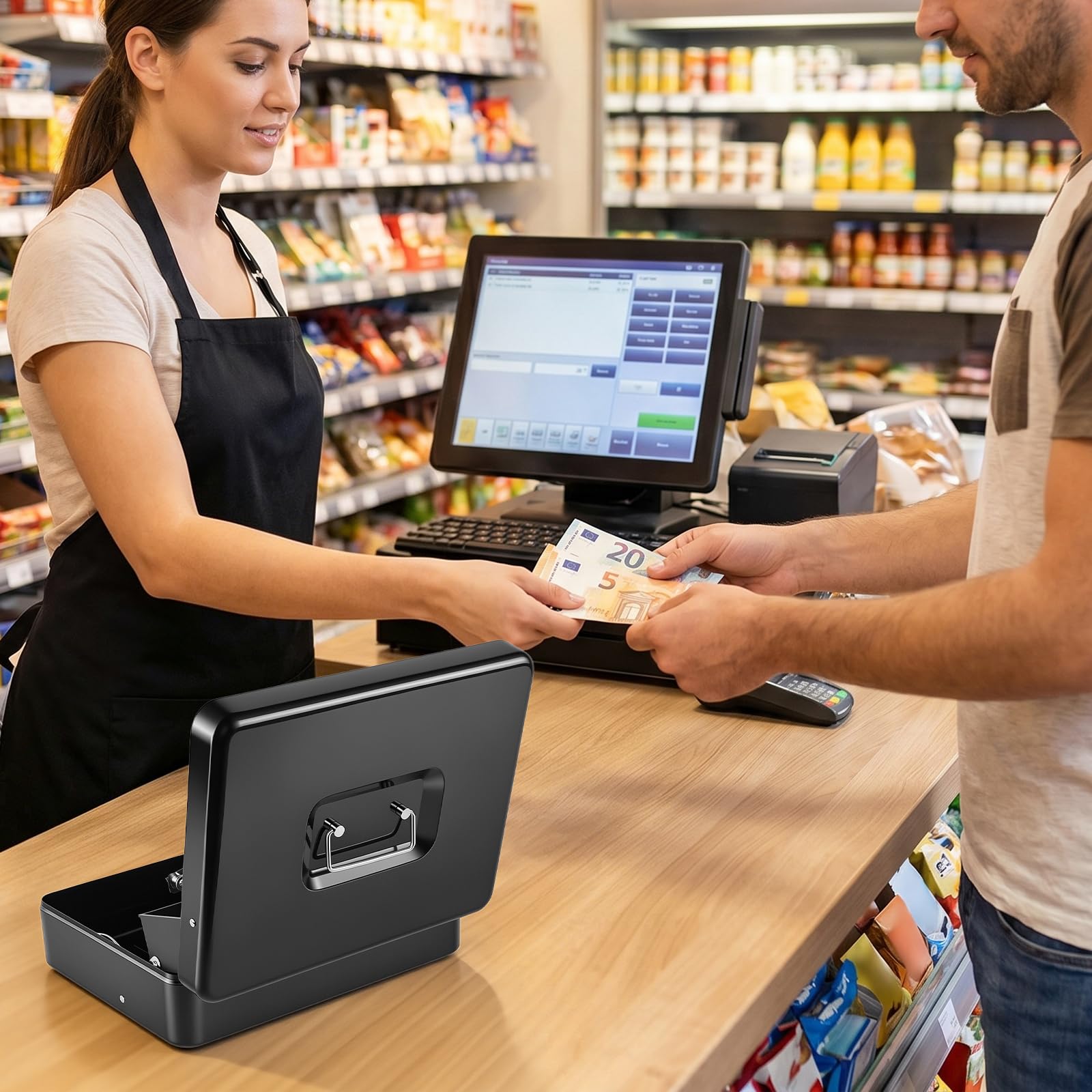 Caisse à monnaie avec serrure et 2 clés, 30 x 24 x 9 cm, noire, avec compartiment à monnaie à 5 compartiments et 4 porte-billets, portable pour magasin, marché, ménage