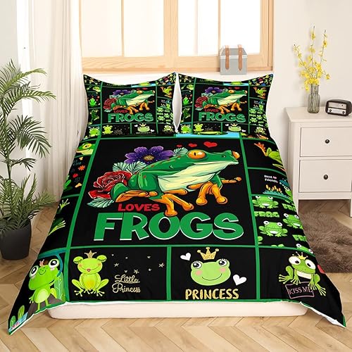 Erosebridal Juego de ropa de cama de rana verde, tamaño King, funda de edredón de animales tropicales con bonitos ojos brillantes y ranas para