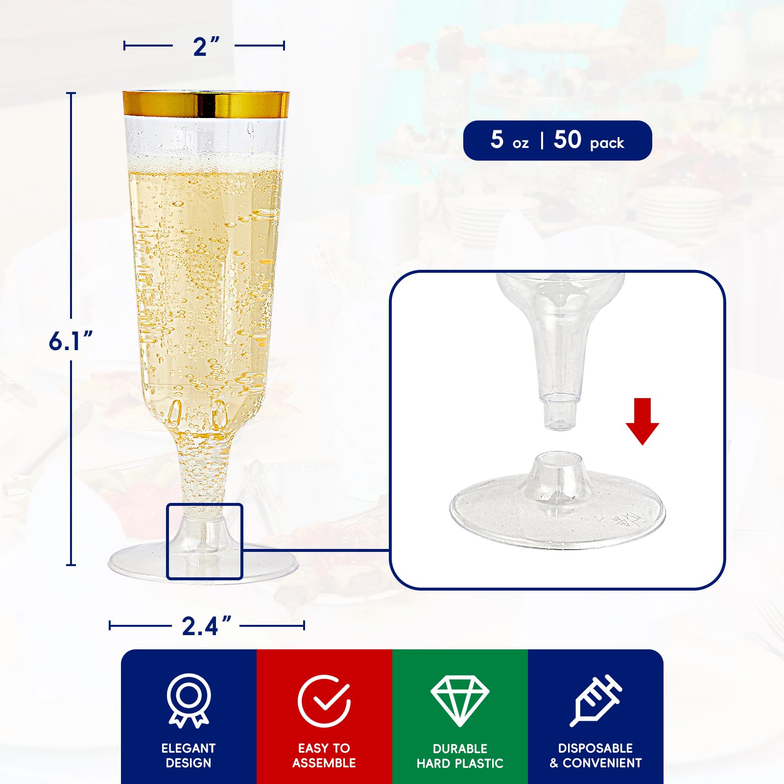 JOLLY CHEF Copas de champán de plástico, borde dorado desechables, 5 onzas, paquete de 50 | Copas de champán de plástico con borde dorado para bodas, día de Acción de Gracias, Navidad, copas desechables