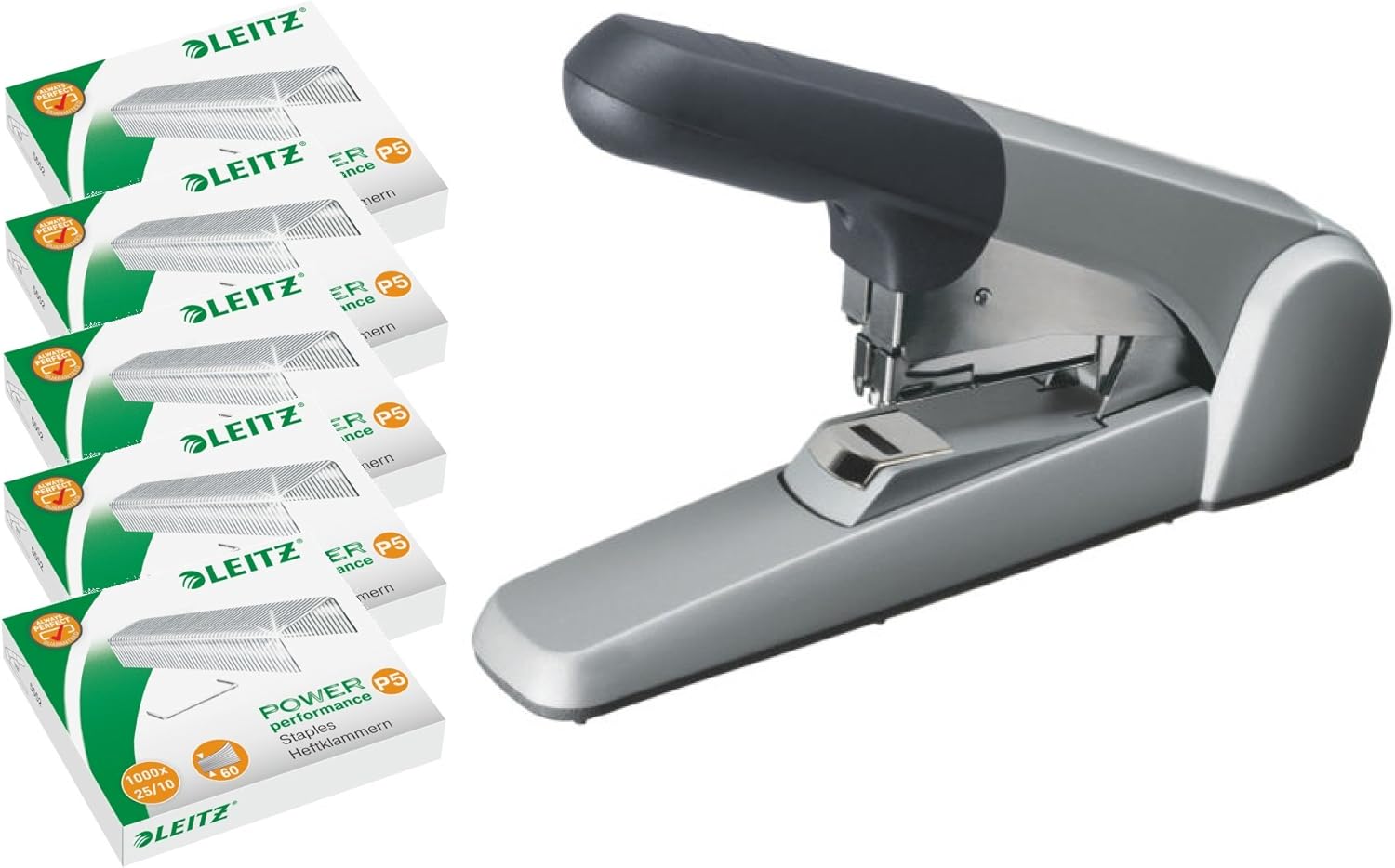Leitz 55520084 Strong Flat Stapler (60 Sheets, for Thick Paper Stacks, Metal with Plastic Housing) Silver (with 5,000 Staples, Flat Stapler)