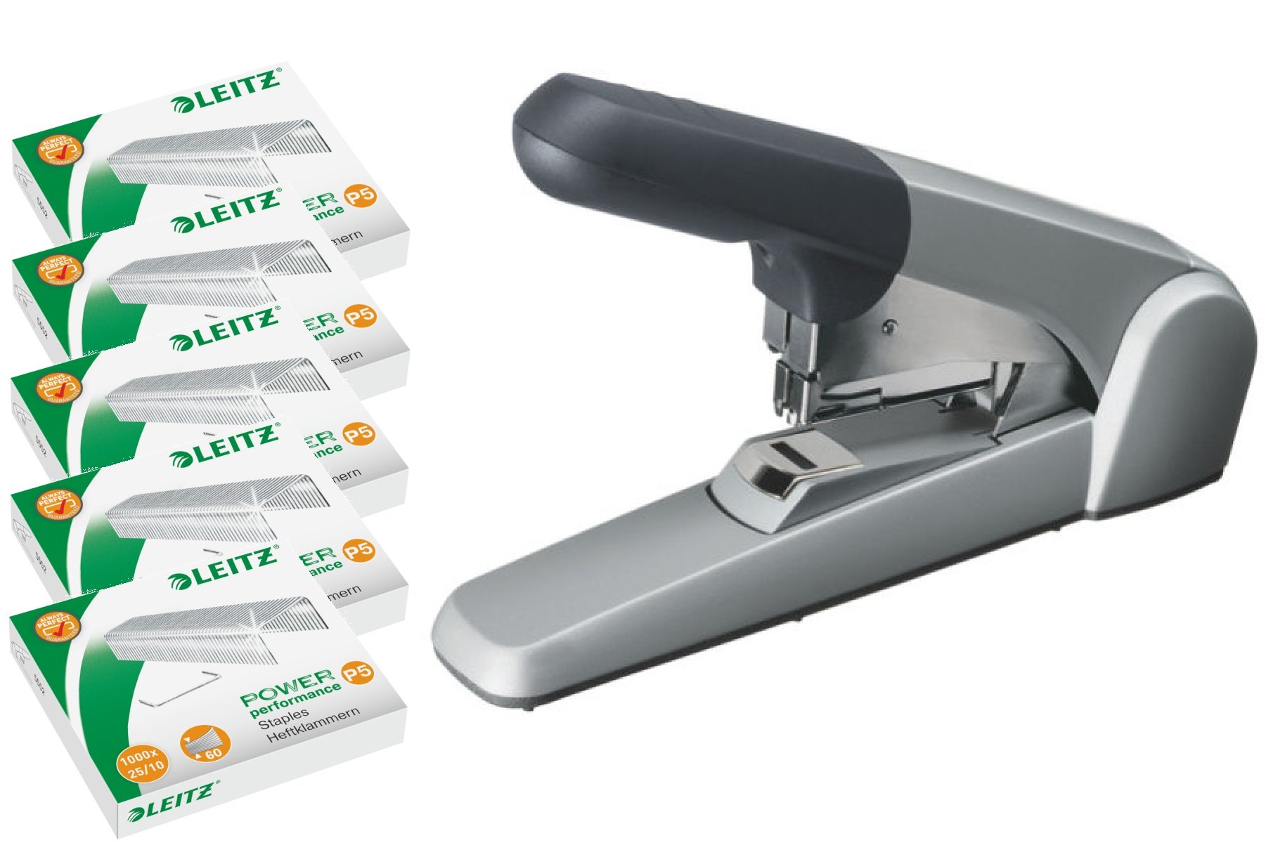 Profi Set: Leitz 55520084 Extrastarkes Flachheftgerät, Heftleistung 60 Blatt, silber mit 5.000 Klammern Grundausstattung, silber und Leitz 5180 extrastarker Registraturlocher langer Hebel Stanzleistung 65 Blatt à 80 g/m²
