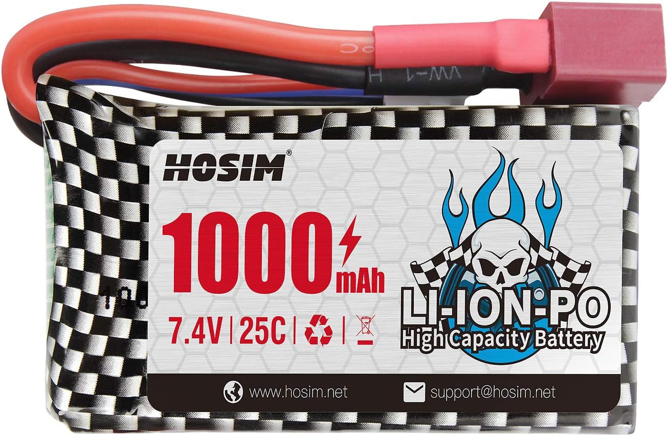 Hosim 7.4V 1000mAh 25C 16889 16890A Q903 Rechargeable Battery Pack with Dean T Connector, Li-Po Battery Brushless Q901 Q903 Q905 16889A 16890 HS181 HM181 18859E Car