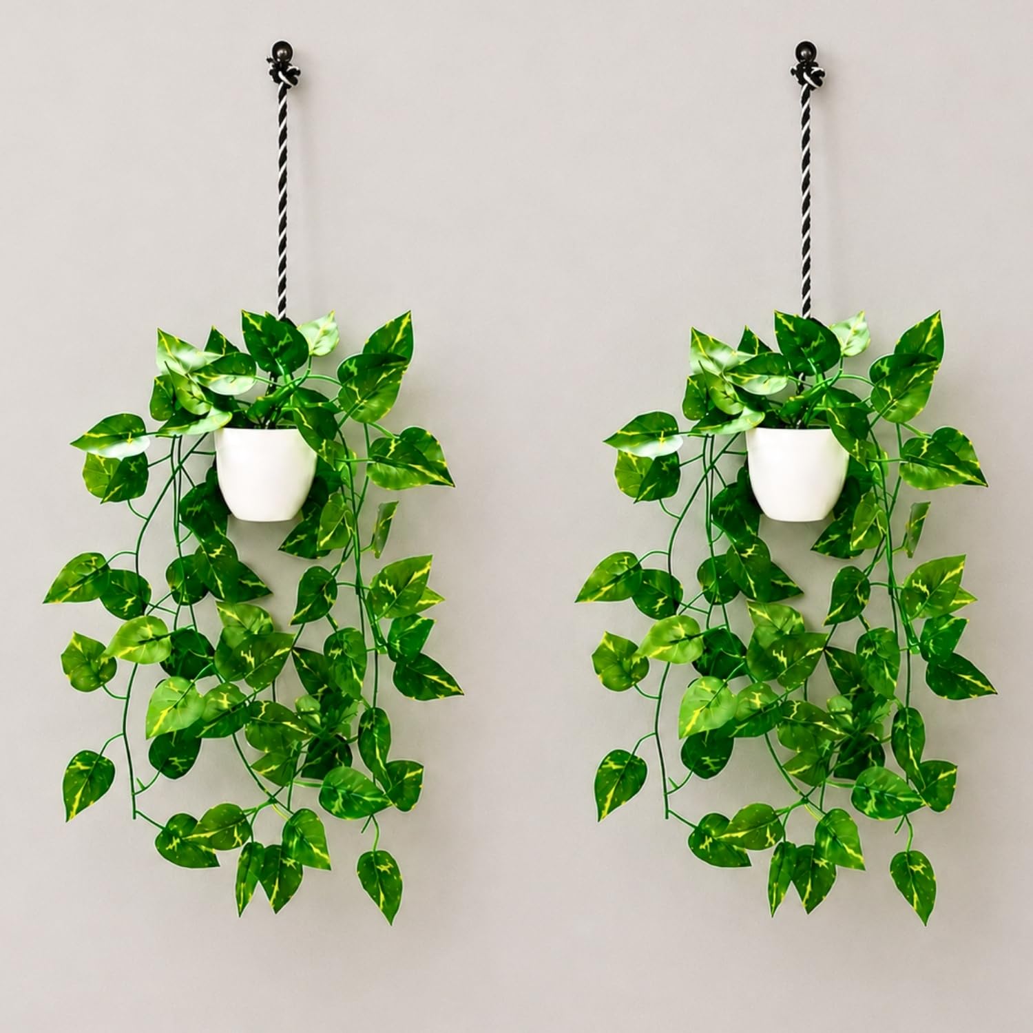 fancymart Artificial Hanging Ivy Plant with White Hanging Pot & Rope, Pack of 2, Realistic Green Leaf Creeper for Home, Office, Living Room & Wall Décor, 60 cm Height