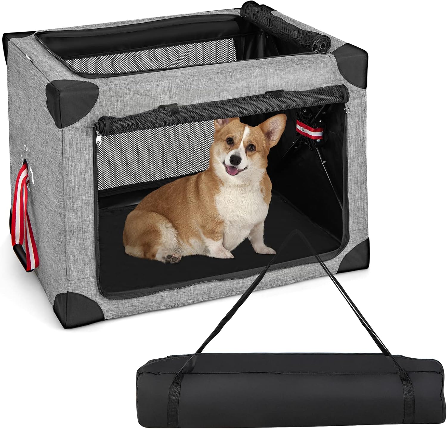 COSTWAY Folding Dog Carrier, 3Door Mesh Cat Crate Puppy Cage with