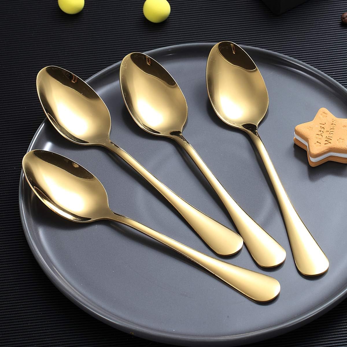 Gold Dinner Spoon of 4, Berglander 7.5" Stainless Steel Titanium Plating Shiny Gold Soup Spoons Silverware, Golden Soup Spoon Table Spoons Set Sturdy Easy To Clean, Dishwasher Safe