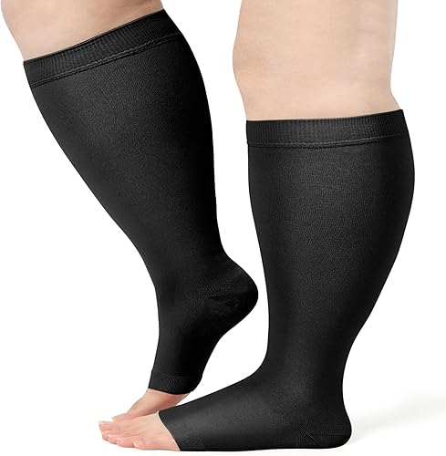 AKSO MEDICOS Calcetines de compresión de talla grande (S-7XL) 20-30 mmHg pantorrilla ancha con punta abierta, medias de compresión para mejorar la