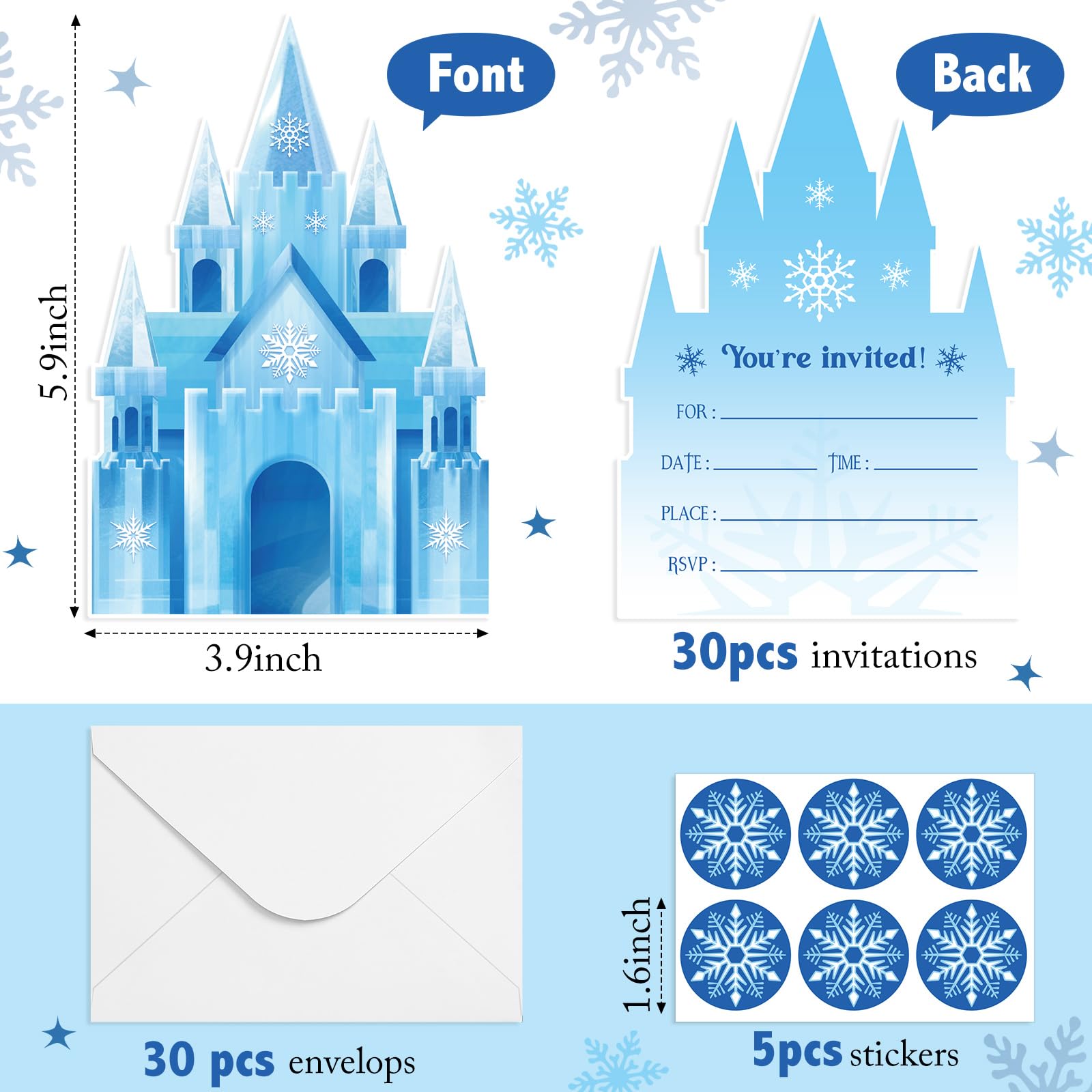 Humyoun 30 Sets Snowflake Castles Christmas Birthday Invitations with Envelopes Stickers Winter Snow Themed Invitations for Girl Kids Birthday Party Supplies Decoration