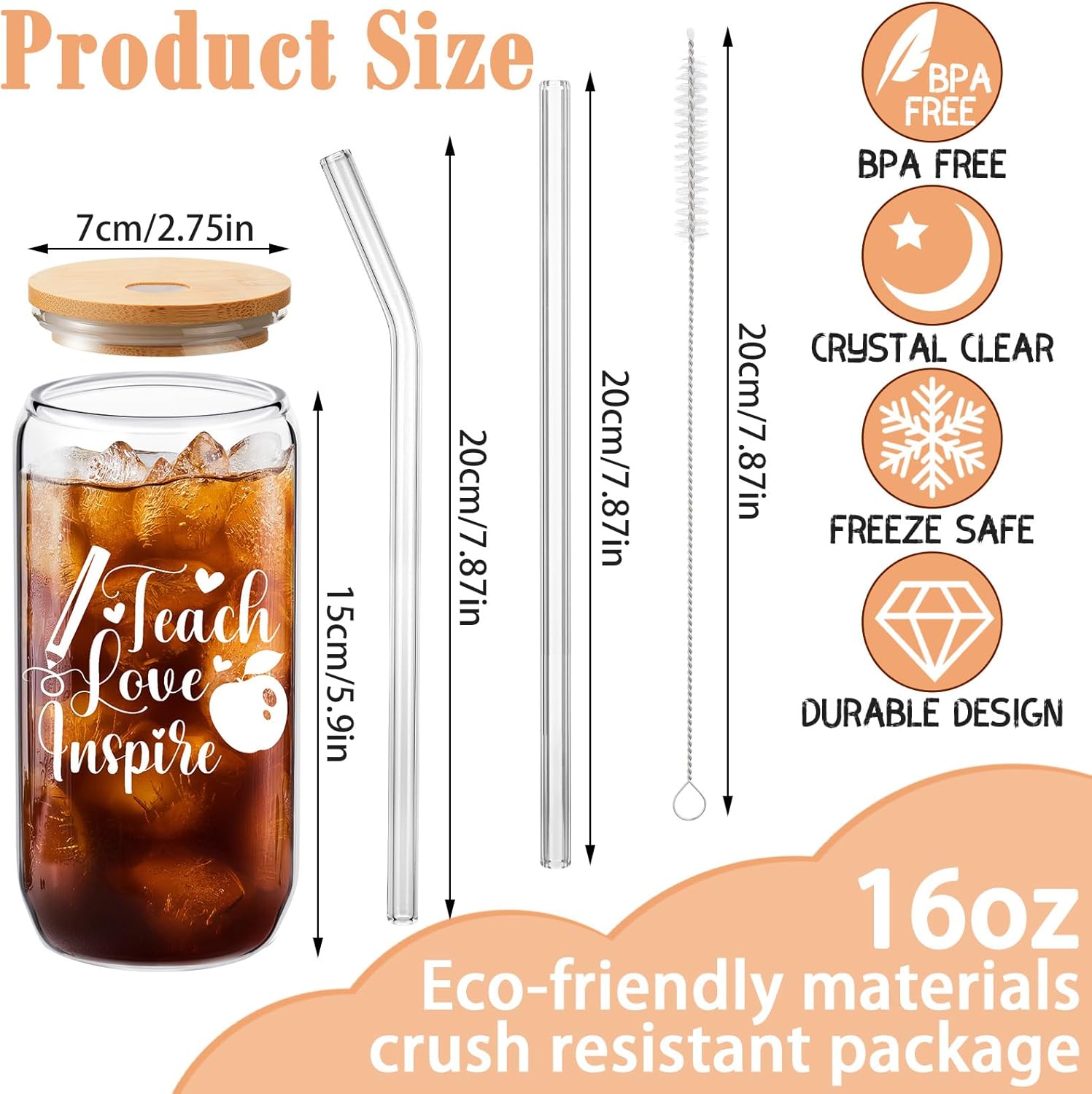 12 Pcs Teacher Appreciation Gifts for Women Mason Jar Glass Cup 16 oz Coffee Drinking Jars with Lids and Straws Cleaning Brush Drinking Gift for Birthday Graduation Women Men Teacher Inspire
