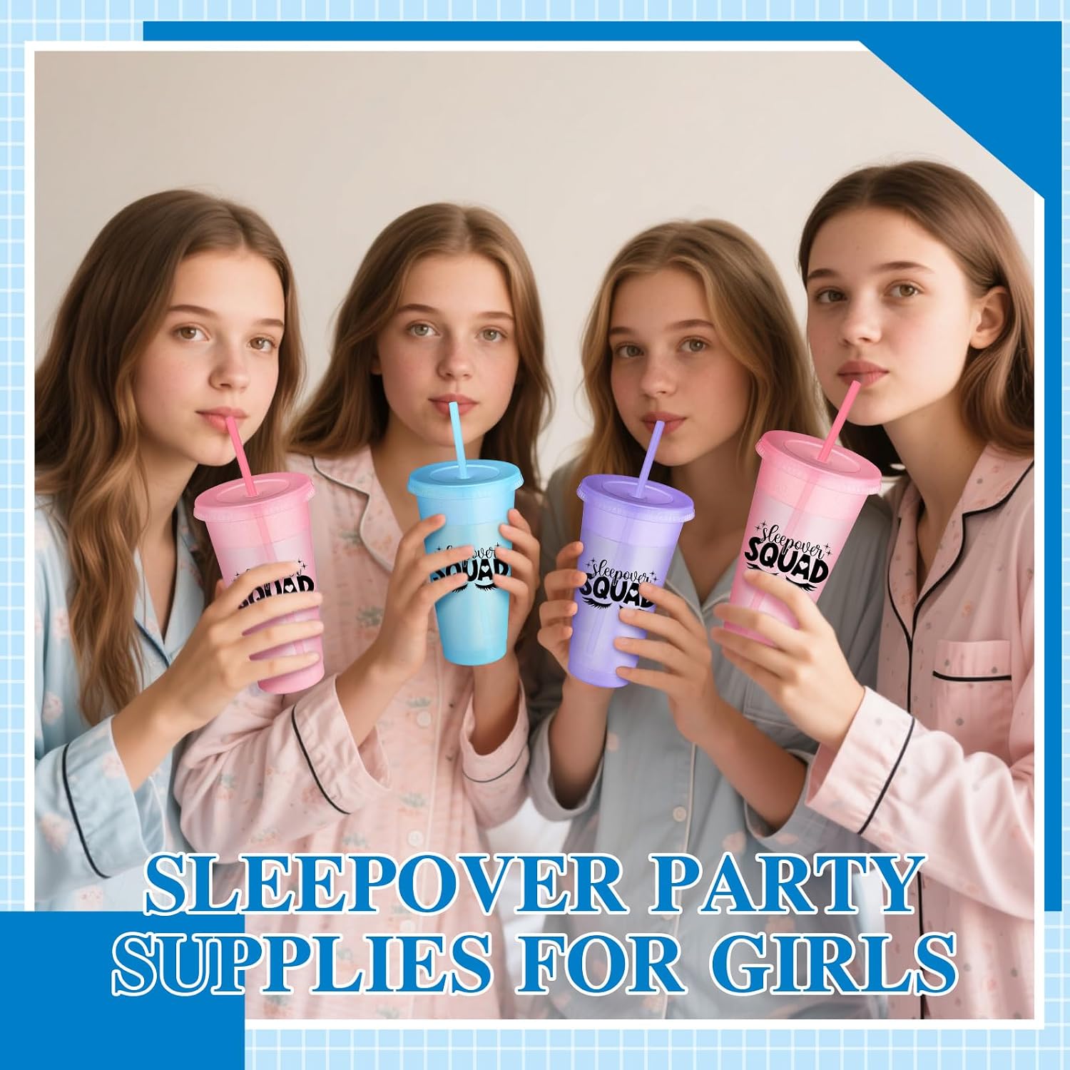 Reallnaive 6 Pcs Sleepover Party Supplies for Girls Sleepover Squad Cups with Lids and Straws 24 oz Plastic Slumber Party Tumbler Coffee Cup for Birthdays Slumber Spa Favors (Glitter Multicolor)