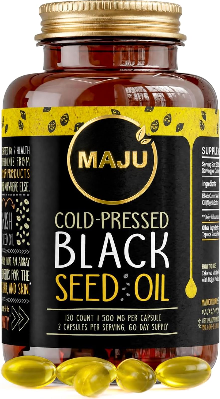 Maju Superfoods Black Seed Oil Capsules, Strong Cold Pressed, 3X Thymoquinone, 100% Turkish Black Cumin Nigella Sativa Seed Oil, Organic BSO, Liquid Blackseed, 120 Count, 500mg per Capsule