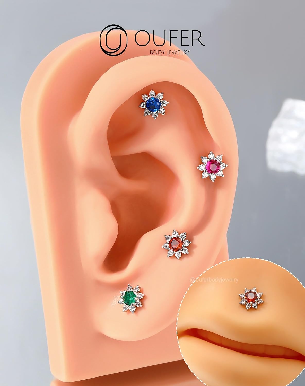 OUFER 16G Floral Cartilage Piercing Jewelry Set, Stainless Steel & Gold Floral Flat Back Helix Earrings with 5MM-8MM CZ Studs, Internally Threaded Tragus, Helix, and Lip Rings for Women & Men