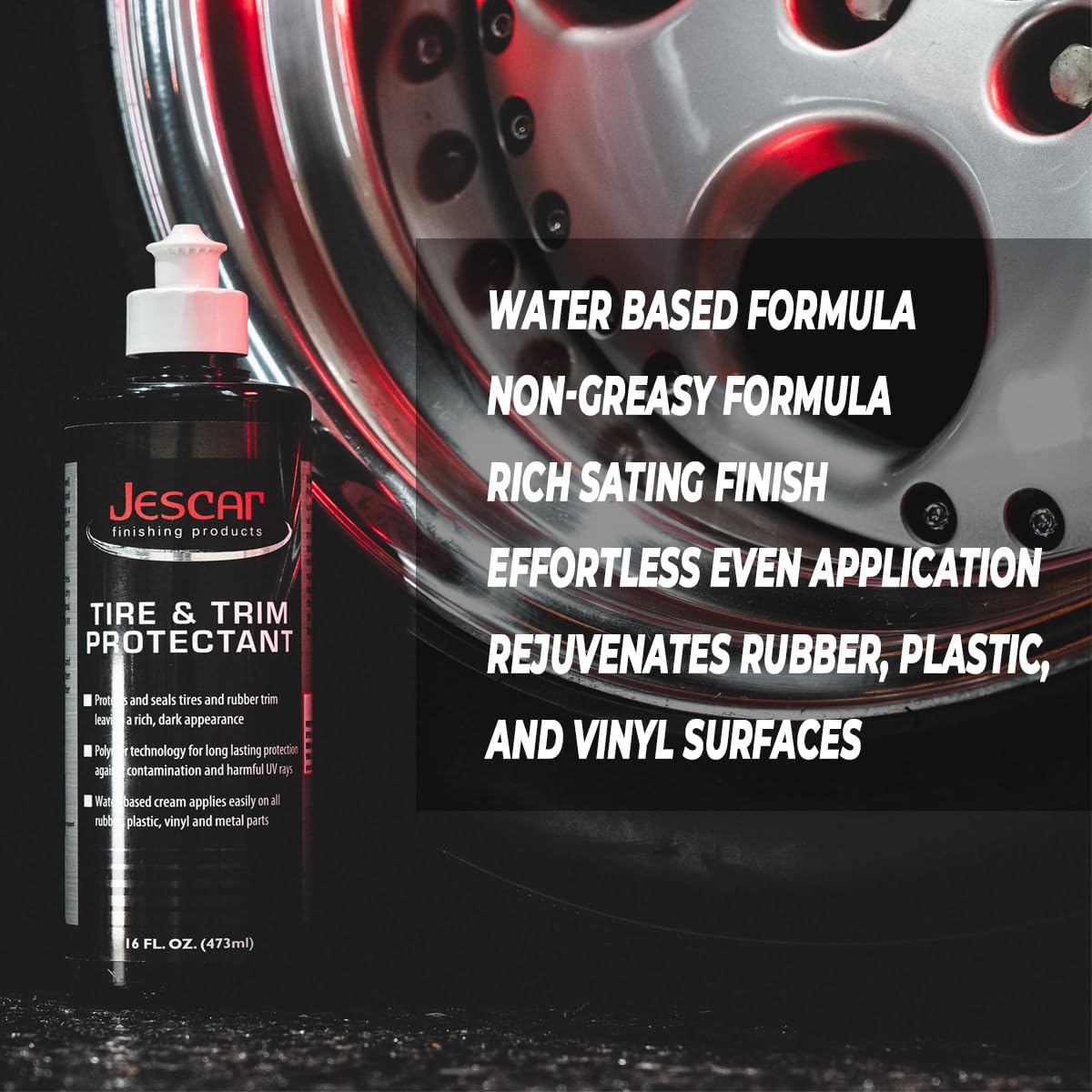 Jescar Protector de neumáticos y molduras, 16 onzas, protección UV de larga duración para neumáticos, molduras y vinilo, restaura el brillo, evita la decoloración y repele la suciedad, fácil