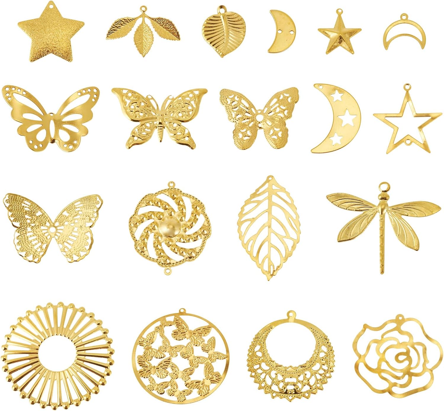 Craftdady 38Pcs Golden Filigree Charms Flat Round Butterfly Dragonfly Leaf Moon Star Charms Etched Metal Pendants Hollow Embellishments for DIY Bracelet Necklace Jewelry Making,19 Styles - Image 8