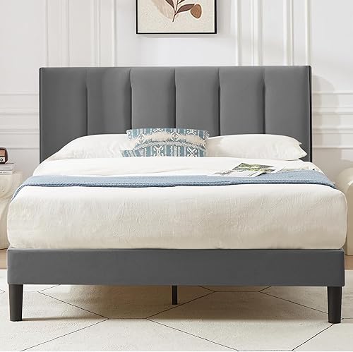 VECELO Base de cama Queen con cabecera tapizada, base de colchón de plataforma con fuerte soporte de listones de madera, no necesita somier, fácil