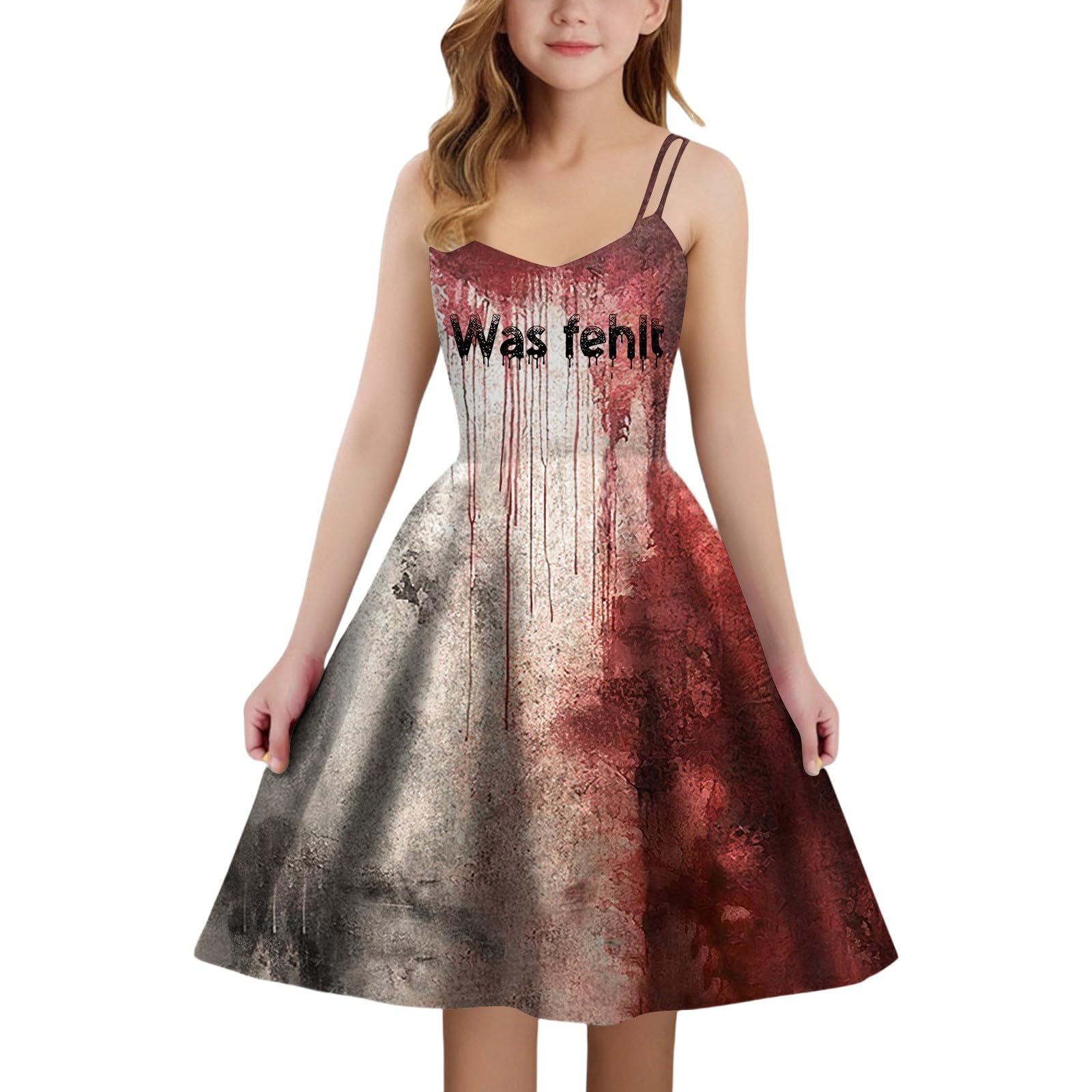 Girls Halloween Costume Sleeveless A line Dress Bloody Print Party Dresses Spooky Pattern Sleeveless A line Medieval Blood Splatter Print Party Dress Cocktail Halloween Girls Pull on Knee Length