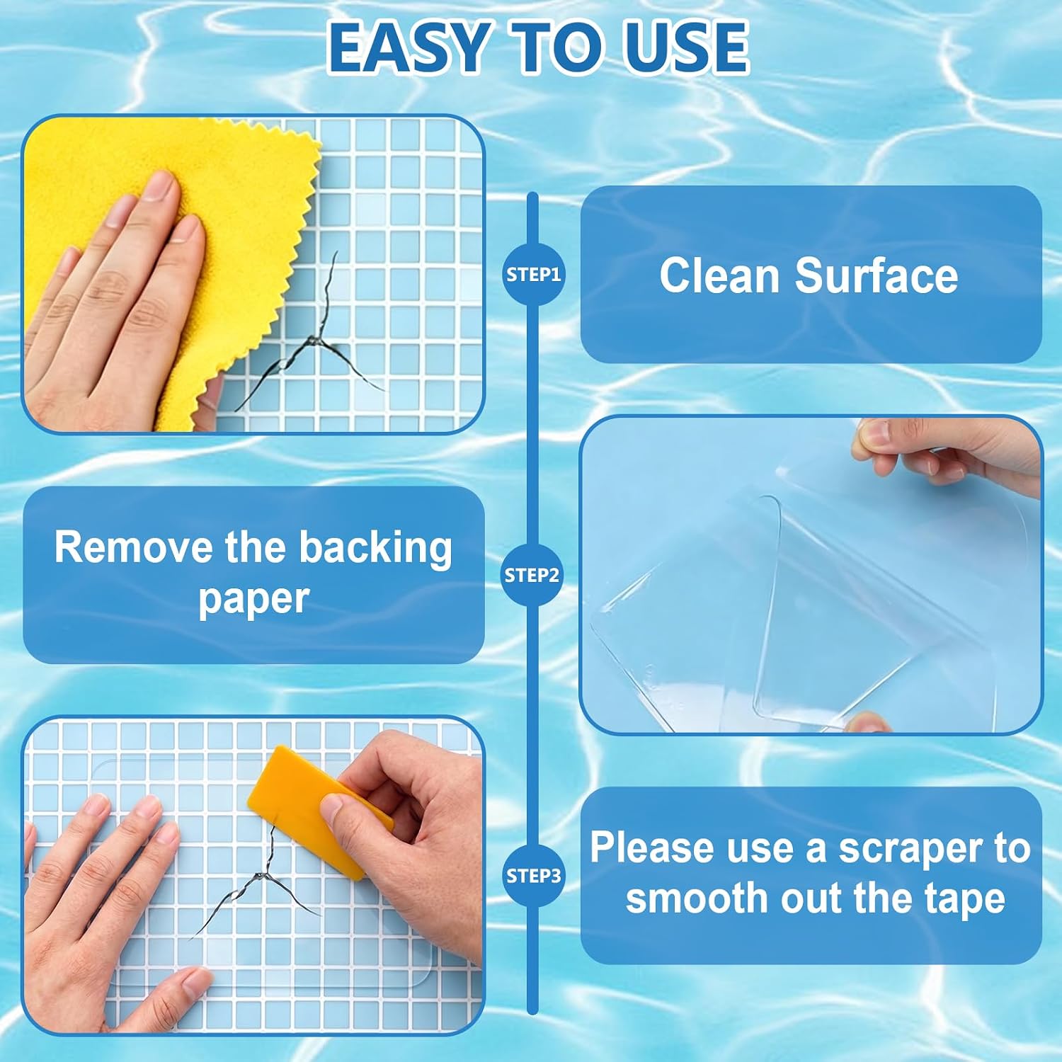 10pcs Self-Adhesive Underwater Vinyl Pool Patch Kit - 4in x 7.8in Clear TPU Pool Liner Repair Patch Kit for In-Ground or Above Ground Pools Inflatable Swimming Pool