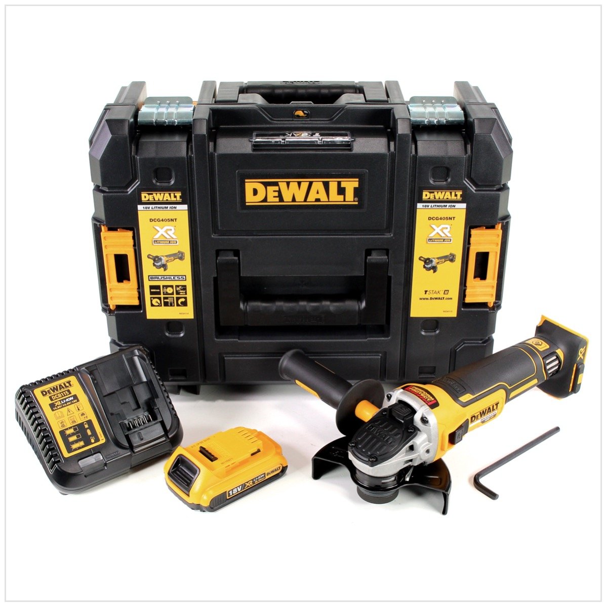 DeWalt DCG 405 D1 akumulatorowa szlifierka kątowa 18 V 125 mm bezszczotkowa + 1 x akumulator 2,0 Ah + ładowarka + TSTAK