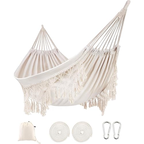 Indoor Hammock with Macrame Fringe for 2 Persons,Double Boho Hammocks with Tassels,Portable Cotton Rope Hamaca Swing with Travel Bag for Outside,Porch,Garden,Patio,Backyard,Up to 500lbs White