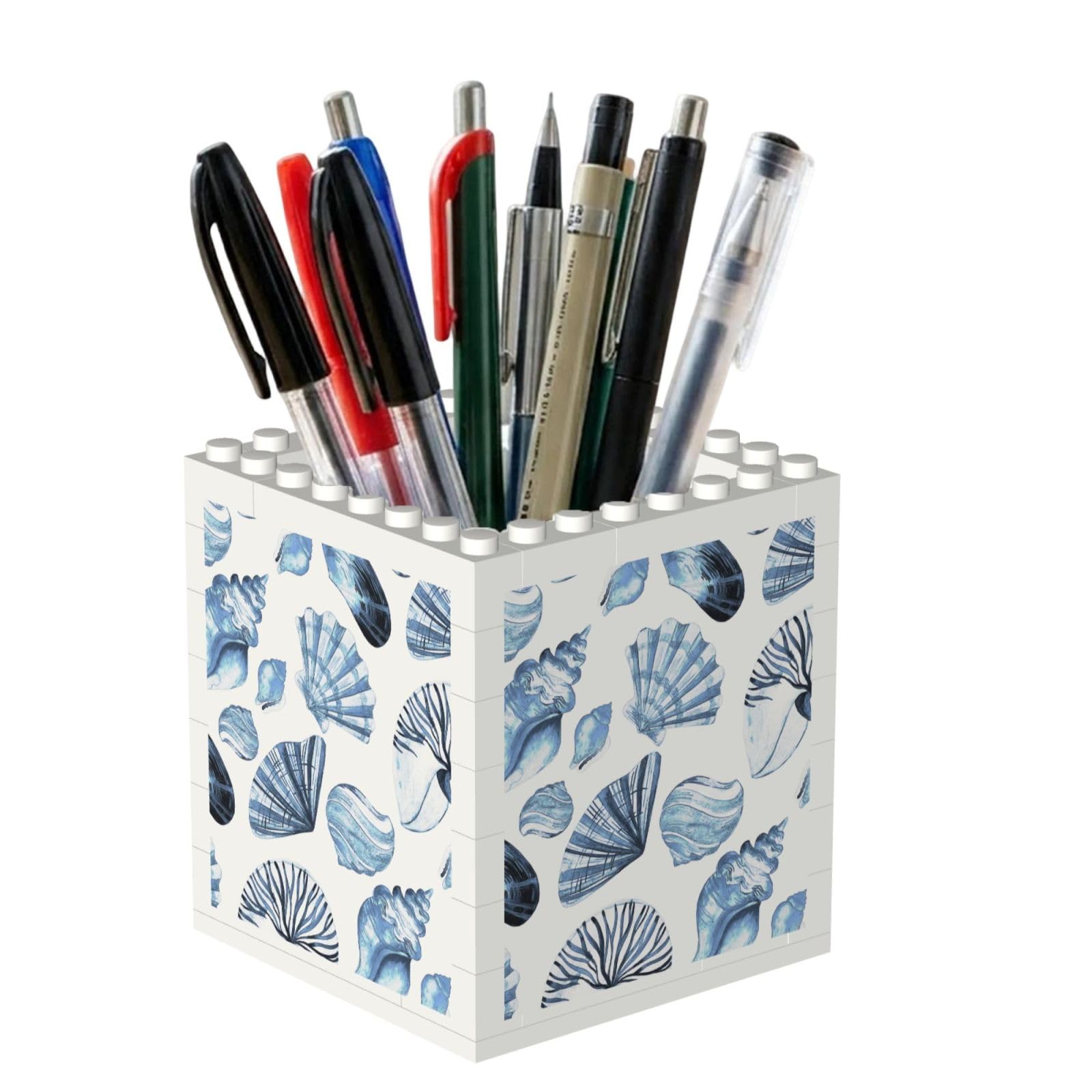 Poadnly Blue Seashells Pattern On White, Pen Pot Pencil Holder for Office Home School, Compact Desk Organiser for Office Stationery