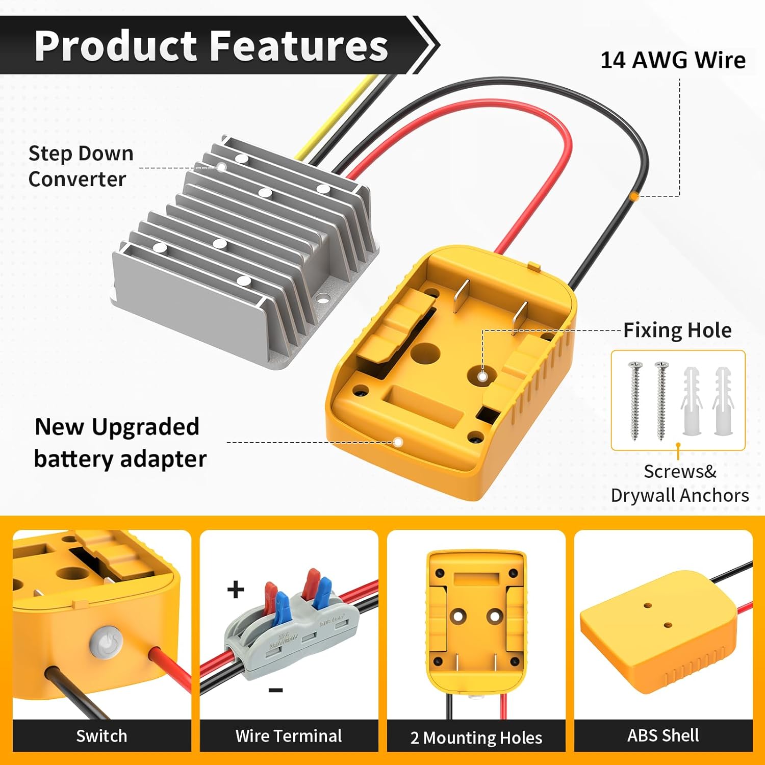 DC 20V to 12V Step-Down Converter with Switch Compatible with Dewalt 20V Battery, Over-Discharge Protection, DC12V 20A 240W Buck Converter Voltage Regulator for Golf Cart RC Car Truck DIY